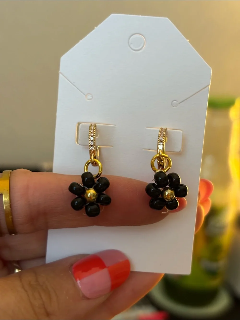 Hand Crafted Gold-Tone Hoop Earrings with Black Floral Drops - Picture 2 of 2